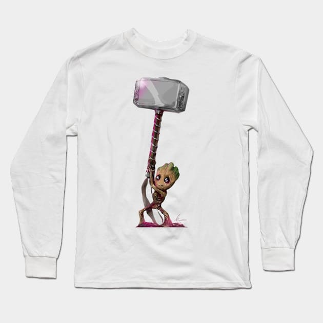 Baby Groot with Thor's Hammer Long Sleeve T-Shirt by hardwoodknocks